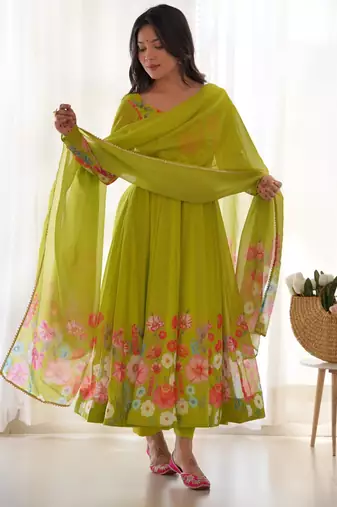 Women's Gorgeous Floral Printed Organza Silk Fabric Flared Anarkali Pant and Dupatta Set