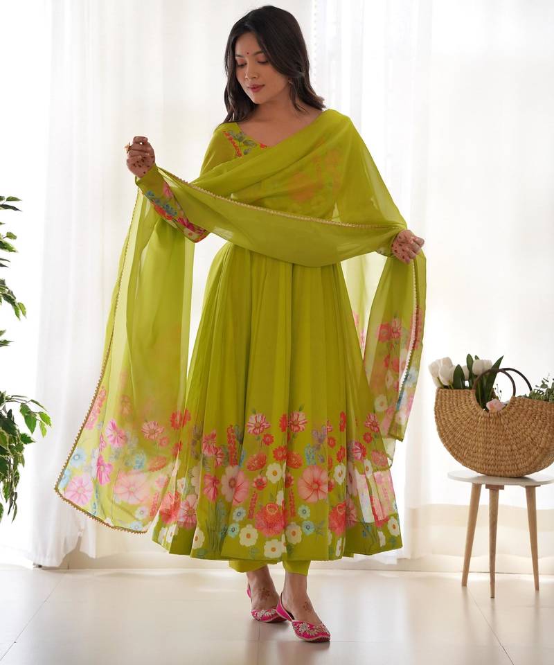 Women's Gorgeous Floral Printed Organza Silk Fabric Flared Anarkali Pant and Dupatta Set
