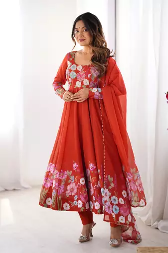 Women's Gorgeous Floral Printed Organza Silk Fabric Flared Anarkali Pant and Dupatta Set