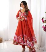 Women's Gorgeous Floral Printed Organza Silk Fabric Flared Anarkali Pant and Dupatta Set