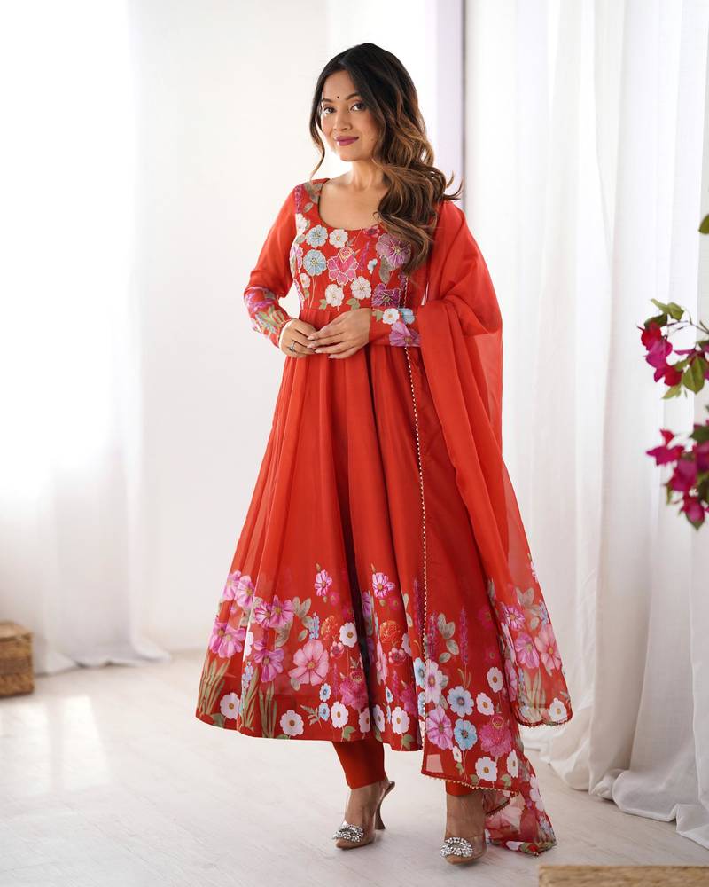 Women's Gorgeous Floral Printed Organza Silk Fabric Flared Anarkali Pant and Dupatta Set