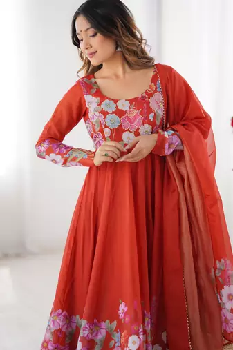 Women's Gorgeous Floral Printed Organza Silk Fabric Flared Anarkali Pant and Dupatta Set