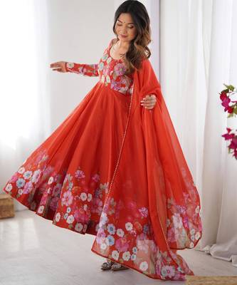 Women's Gorgeous Floral Printed Organza Silk Fabric Flared Anarkali Pant and Dupatta Set 4