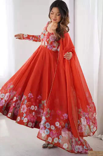 Women's Gorgeous Floral Printed Organza Silk Fabric Flared Anarkali Pant and Dupatta Set