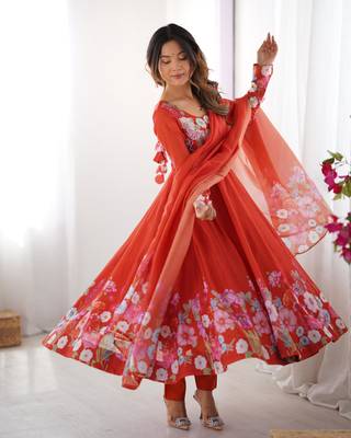 Women's Gorgeous Floral Printed Organza Silk Fabric Flared Anarkali Pant and Dupatta Set 5