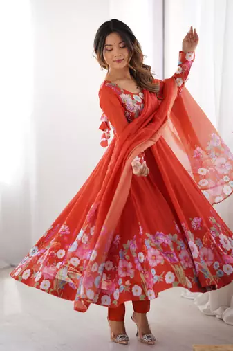 Women's Gorgeous Floral Printed Organza Silk Fabric Flared Anarkali Pant and Dupatta Set