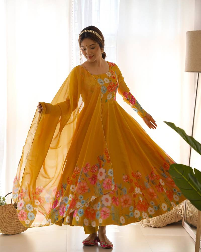 Women's Gorgeous Floral Printed Organza Silk Fabric Flared Anarkali Pant and Dupatta Set