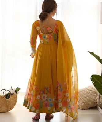 Women's Gorgeous Floral Printed Organza Silk Fabric Flared Anarkali Pant and Dupatta Set 4