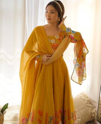 Women's Gorgeous Floral Printed Organza Silk Fabric Flared Anarkali Pant and Dupatta Set 5