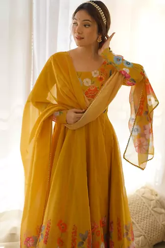 Women's Gorgeous Floral Printed Organza Silk Fabric Flared Anarkali Pant and Dupatta Set