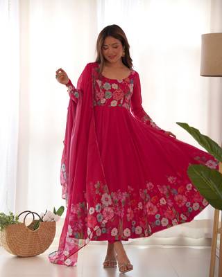 Women's Gorgeous Floral Printed Organza Silk Fabric Flared Anarkali Pant and Dupatta Set 1
