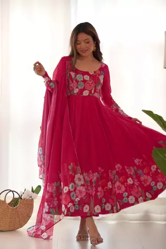 Women's Gorgeous Floral Printed Organza Silk Fabric Flared Anarkali Pant and Dupatta Set