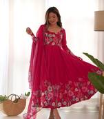 Women's Gorgeous Floral Printed Organza Silk Fabric Flared Anarkali Pant and Dupatta Set