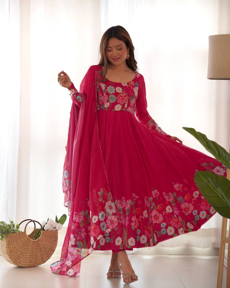 Women's Gorgeous Floral Printed Organza Silk Fabric Flared Anarkali Pant and Dupatta Set