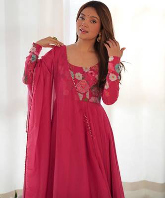 Women's Gorgeous Floral Printed Organza Silk Fabric Flared Anarkali Pant and Dupatta Set 2
