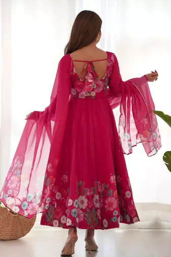 Women's Gorgeous Floral Printed Organza Silk Fabric Flared Anarkali Pant and Dupatta Set