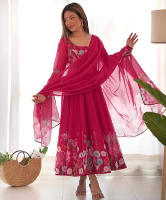 Women's Gorgeous Floral Printed Organza Silk Fabric Flared Anarkali Pant and Dupatta Set 4
