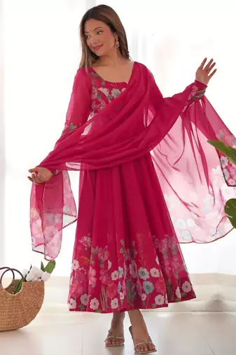 Women's Gorgeous Floral Printed Organza Silk Fabric Flared Anarkali Pant and Dupatta Set