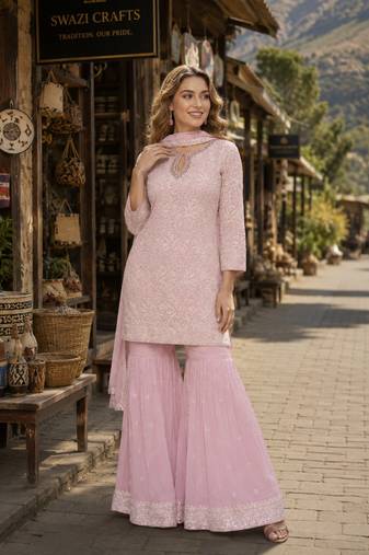 L pink georgette free size stitched suit with chikankari embroidery work