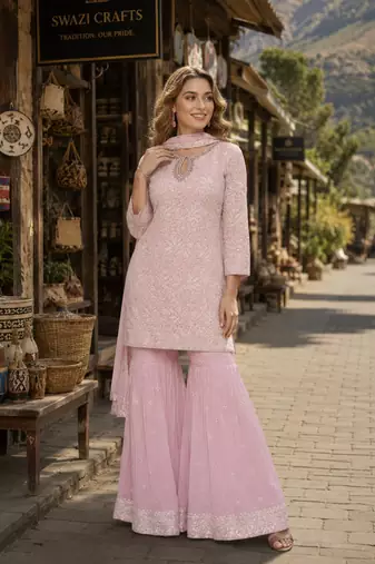 L pink georgette free size stitched suit with chikankari embroidery work