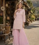 L pink georgette free size stitched suit with chikankari embroidery work