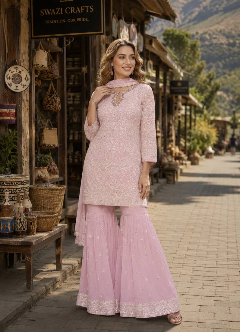 L pink georgette free size stitched suit with chikankari embroidery work