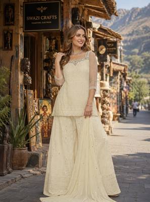Off white georgette free size stitched suit with chikankari embroidery work 1