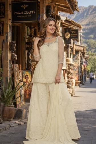 Off white georgette free size stitched suit with chikankari embroidery work