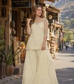 Off white georgette free size stitched suit with chikankari embroidery work
