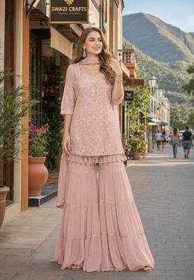 Pink georgette free size stitched suit with chikankari embroidery work 1