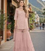 Pink georgette free size stitched suit with chikankari embroidery work