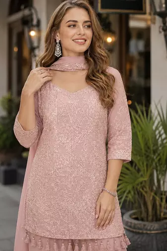 Pink georgette free size stitched suit with chikankari embroidery work