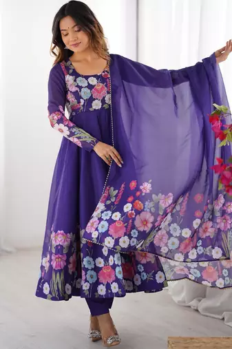 Women's Gorgeous Floral Printed Organza Silk Fabric Flared Anarkali Pant and Dupatta Set