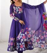 Women's Gorgeous Floral Printed Organza Silk Fabric Flared Anarkali Pant and Dupatta Set