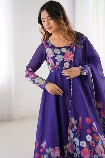 Women's Gorgeous Floral Printed Organza Silk Fabric Flared Anarkali Pant and Dupatta Set