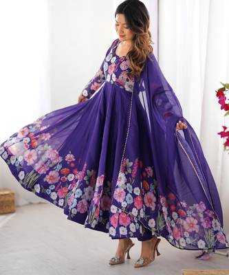 Women's Gorgeous Floral Printed Organza Silk Fabric Flared Anarkali Pant and Dupatta Set 4