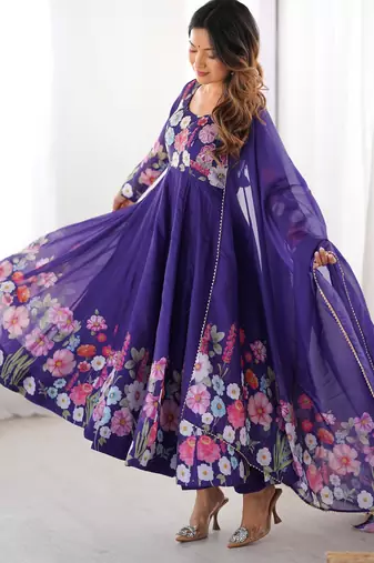 Women's Gorgeous Floral Printed Organza Silk Fabric Flared Anarkali Pant and Dupatta Set