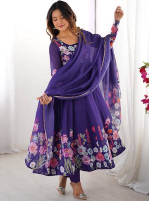 Women's Gorgeous Floral Printed Organza Silk Fabric Flared Anarkali Pant and Dupatta Set 5