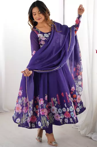 Women's Gorgeous Floral Printed Organza Silk Fabric Flared Anarkali Pant and Dupatta Set