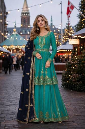 Green Georgette Semi Stitched Suit with Embroidery & sequin Work