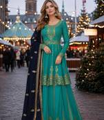 Green Georgette Semi Stitched Suit with Embroidery & sequin Work