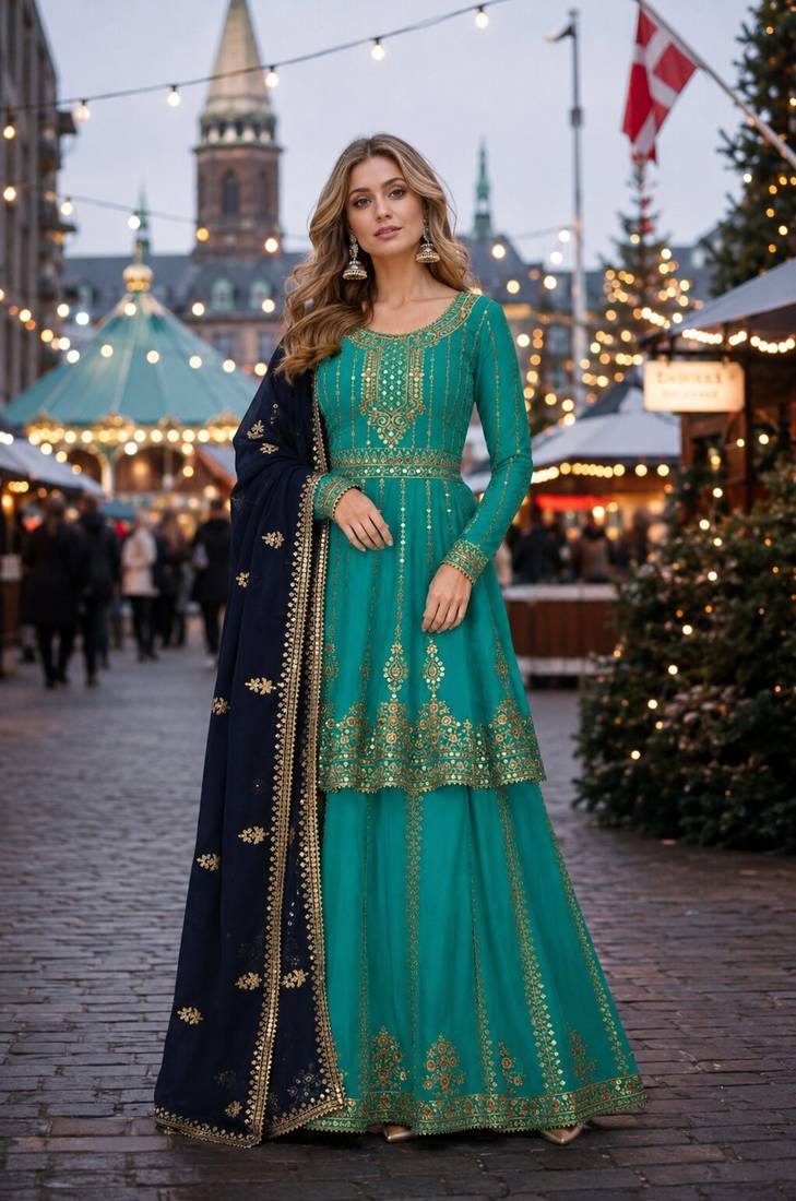 Green Georgette Semi Stitched Suit with Embroidery & sequin Work