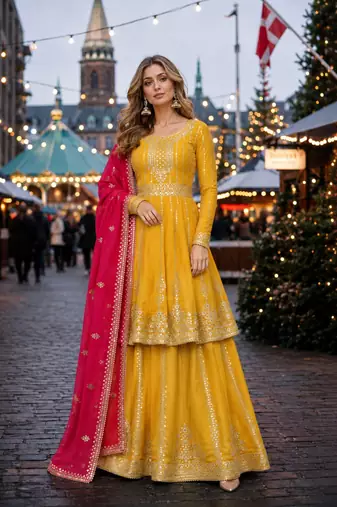 Yellow georgette suit with embroidery & sequin work
