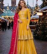 Yellow georgette semi stitched suit with embroidery & sequin work
