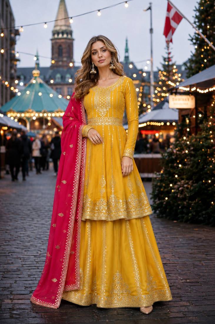 Yellow georgette semi stitched suit with embroidery & sequin work
