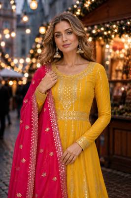 Yellow georgette semi stitched suit with embroidery & sequin work 2