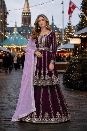 Purple georgette semi stitched suit with embroidery & sequin work