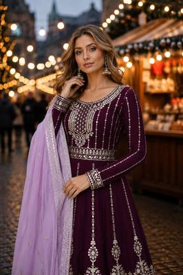 Purple georgette semi stitched suit with embroidery & sequin work 2