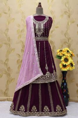 Purple georgette semi stitched suit with embroidery & sequin work 3