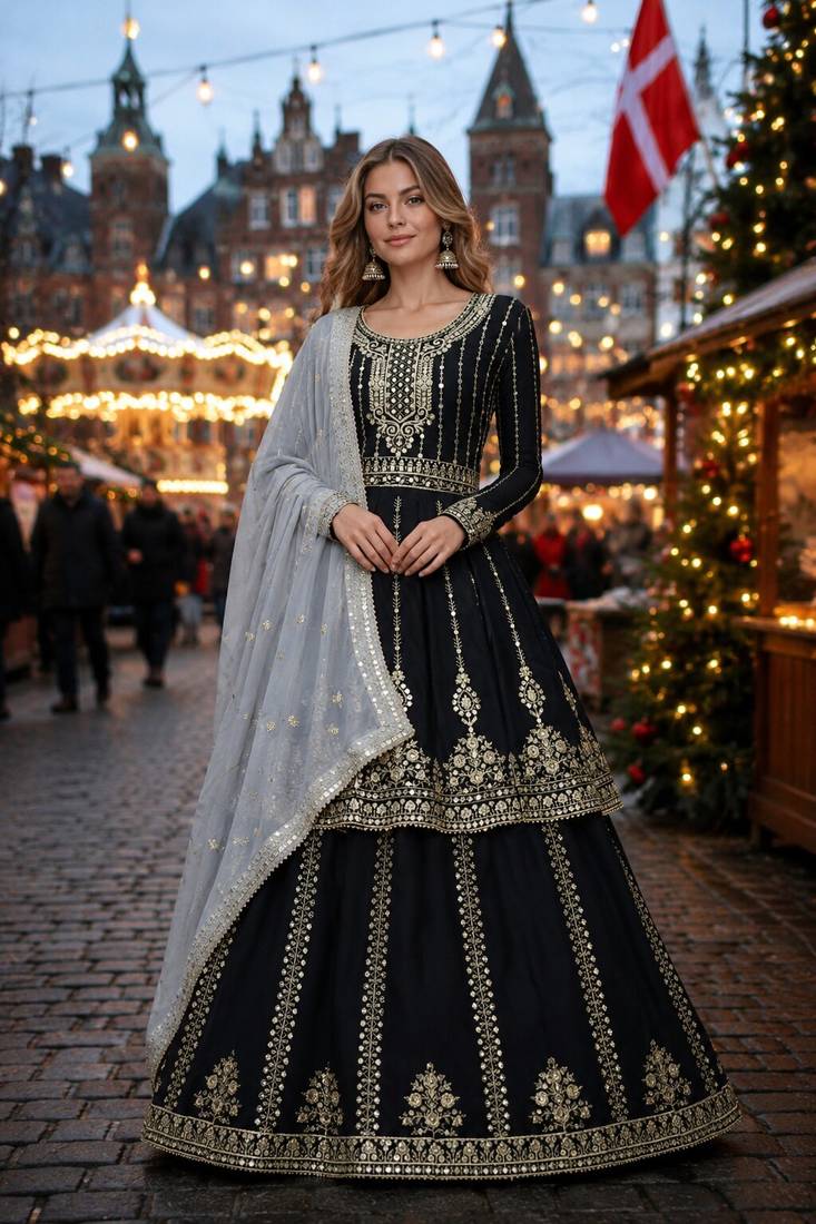 Black georgette semi stitched suit with embroidery & sequin work